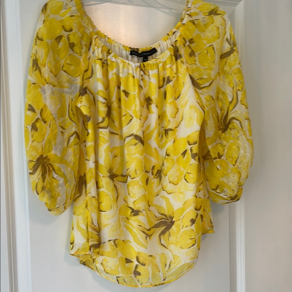 White House Black Market Yellow Smocked 3/4 Sleeve Blouse